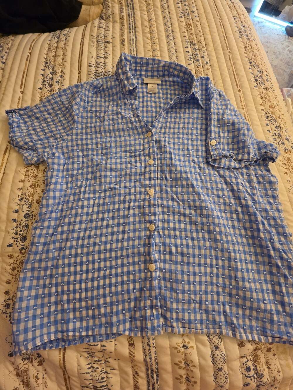 Alfred Dunner Blue and White Gingham Button Down Short Sleeve Shirt